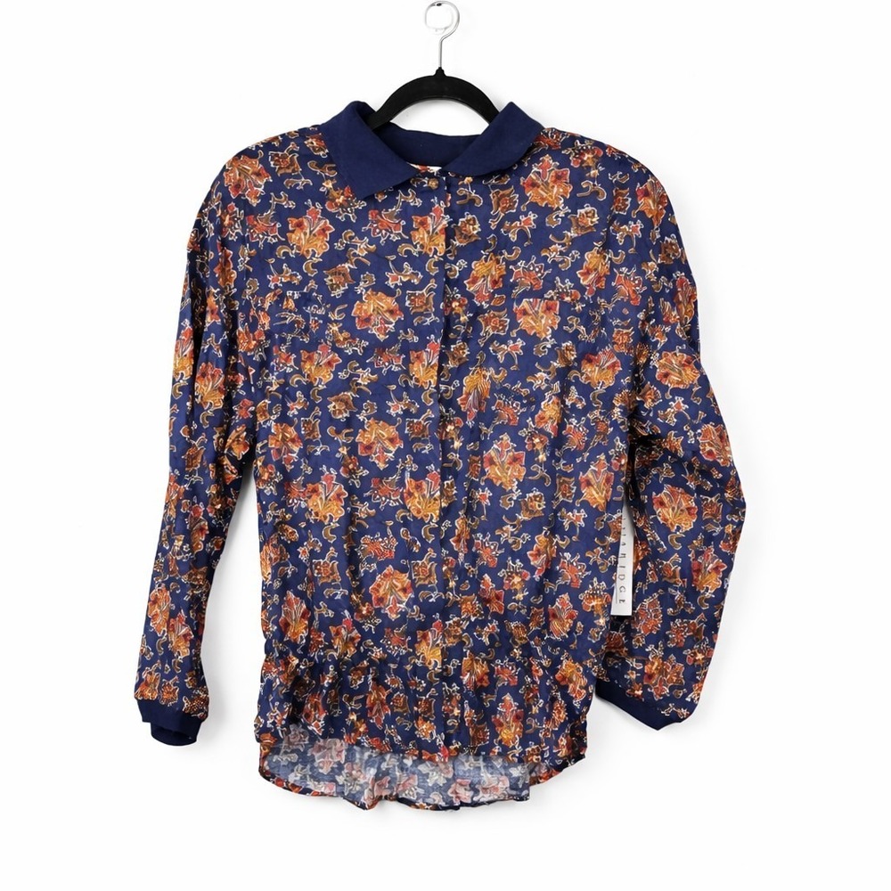 Cambridge SportsClub Blue Paisley‎ Floral Rayon Button Down Blouse NWT Large